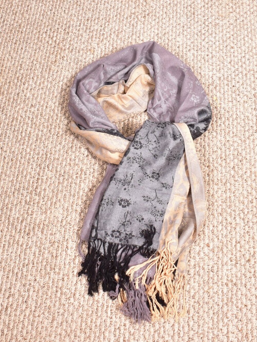 Tri Color Women's Scarf with Fringe Tan Black Grey